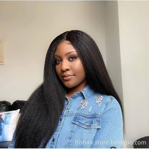 wholesale kinky straight 4x4 transparent lace frontal human hair wig for black women with 12a 150 density yaki human hair wig